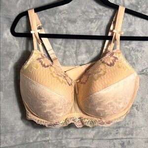 Amoena bra 42C Elegant Lace Bra‎ in beige pink floral lace overlay no underwire